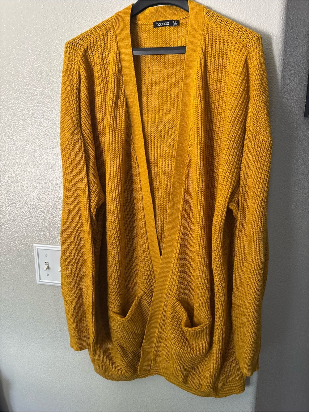 Boohoo Dual-Color Open Front Long Cardigan - Mustard & Olive - Picture 2 of 11